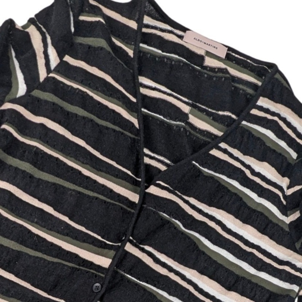 Aldo‎ Striped Alpaca Knit Cardigan Black Green Bell Sleeve Ruffle V-Neck Spain